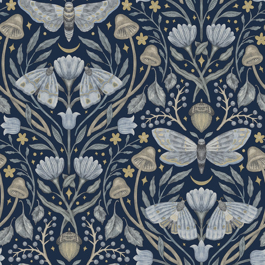 Chesapeake Oak & Moss Mystic Moth Wallpaper - Navy