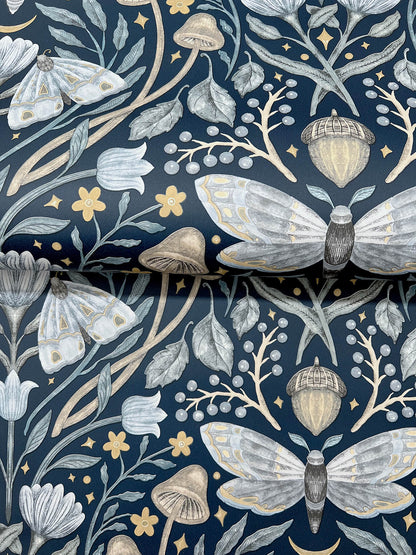 Chesapeake Oak & Moss Mystic Moth Wallpaper - Navy
