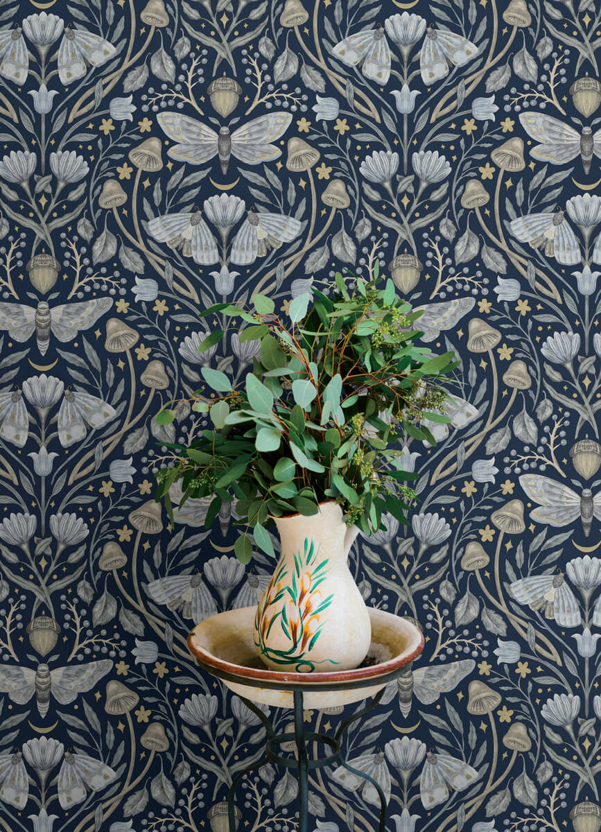 Chesapeake Oak & Moss Mystic Moth Wallpaper - Navy