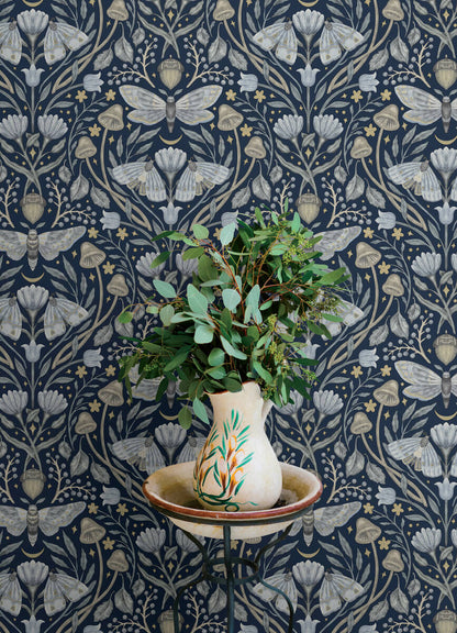 Chesapeake Oak & Moss Mystic Moth Wallpaper - Navy