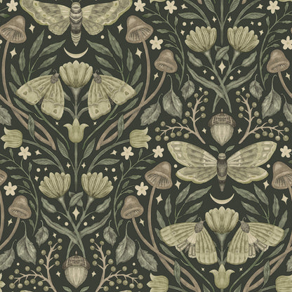 Chesapeake Oak & Moss Mystic Moth Wallpaper - Dark Green