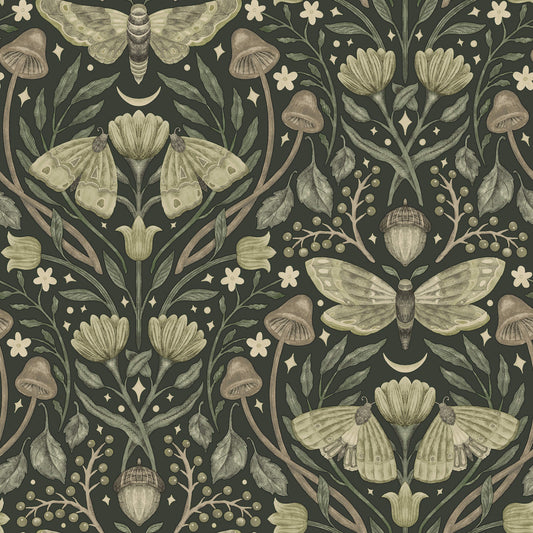 Chesapeake Oak & Moss Mystic Moth Wallpaper - Dark Green