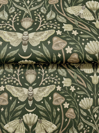 Chesapeake Oak & Moss Mystic Moth Wallpaper - Dark Green