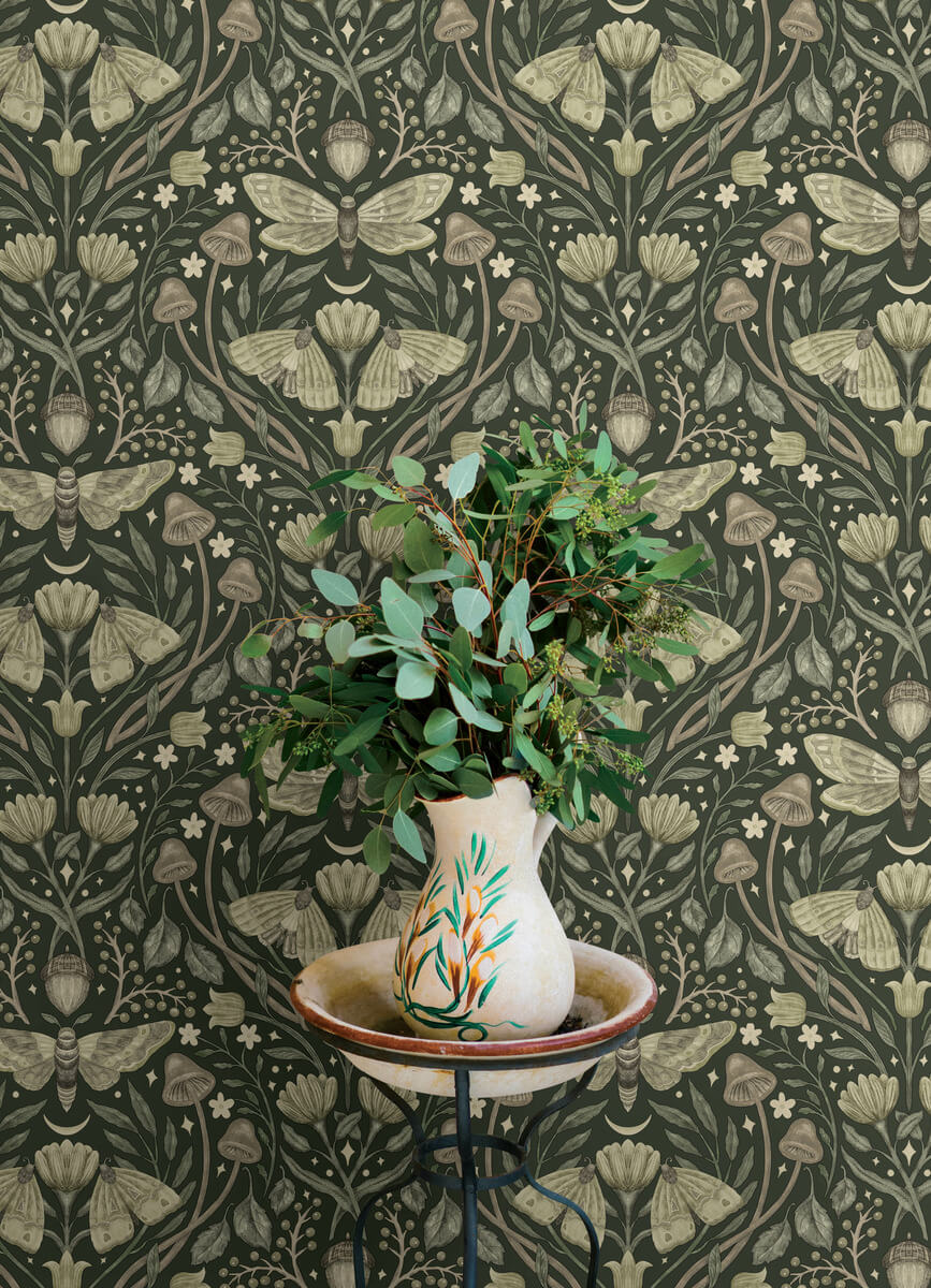 Chesapeake Oak & Moss Mystic Moth Wallpaper - Dark Green