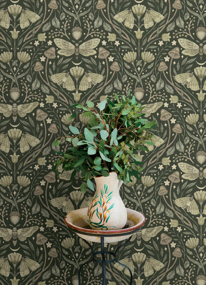 Chesapeake Oak & Moss Mystic Moth Wallpaper - Dark Green