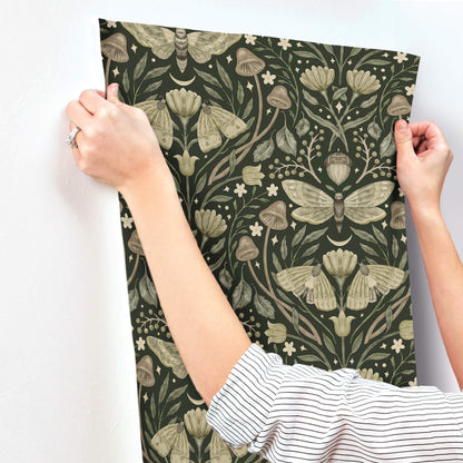Chesapeake Oak & Moss Mystic Moth Wallpaper - Dark Green
