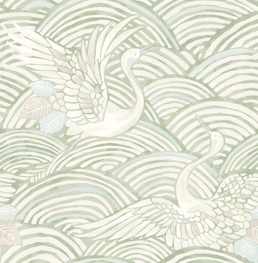 A-Street Prints Sea Salt Egret Wallpaper - Sage