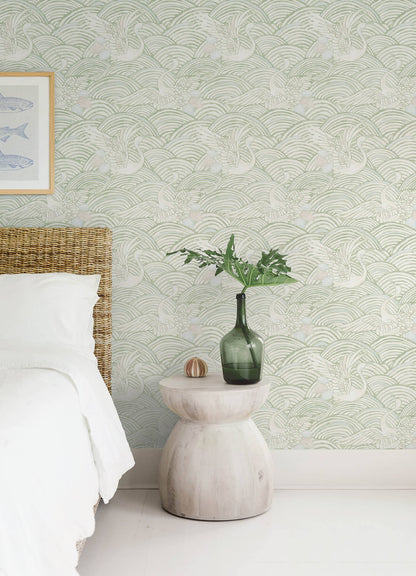 A-Street Prints Sea Salt Egret Wallpaper - Sage