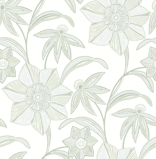 A-Street Prints Sea Salt Star Flower Wallpaper - Light Green