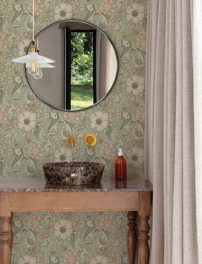 Chesapeake Kitchen & Bath Liora Floral Wallpaper Sample - Green