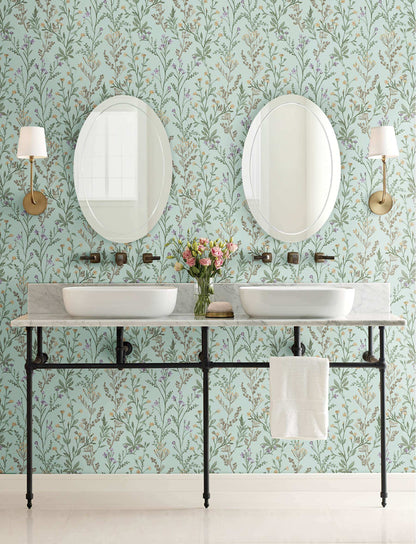 Chesapeake Kitchen & Bath Laverne Wildflowers Wallpaper - Aquamarine