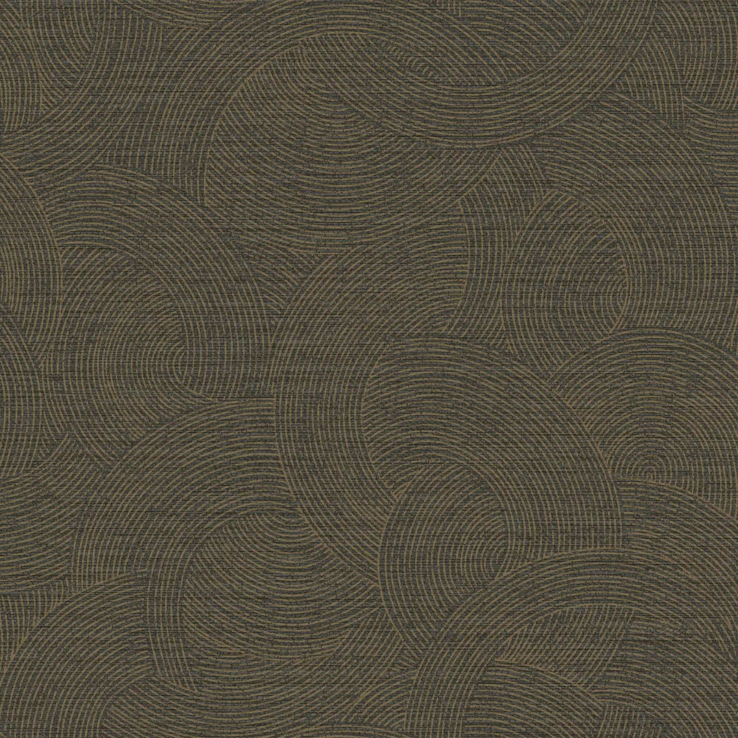 A close-up of a textured fabric or wallpaper pattern featuring interlocking organic wave-like circular motifs in dark olive green and brown tones.