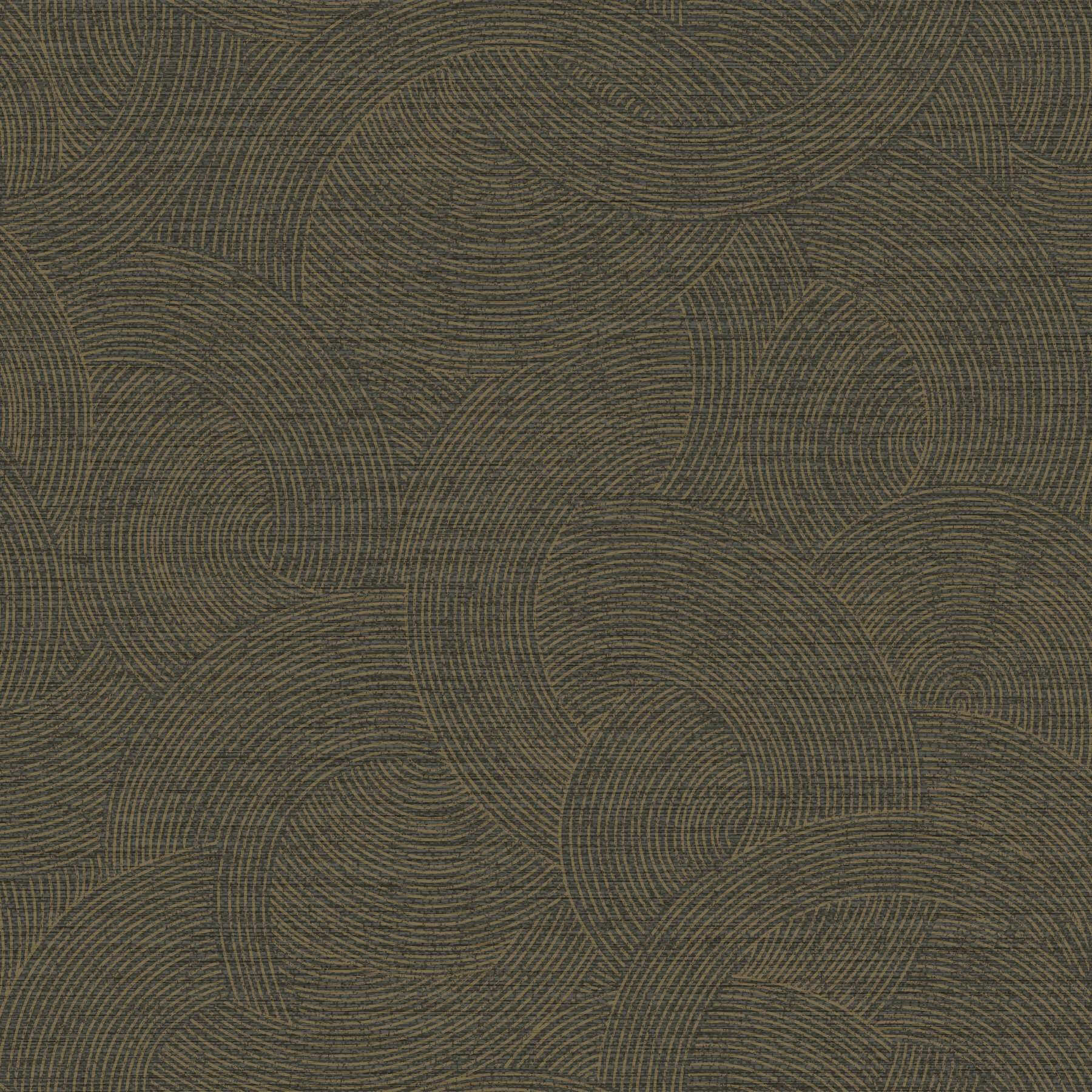 A close-up of a textured fabric or wallpaper pattern featuring interlocking organic wave-like circular motifs in dark olive green and brown tones.