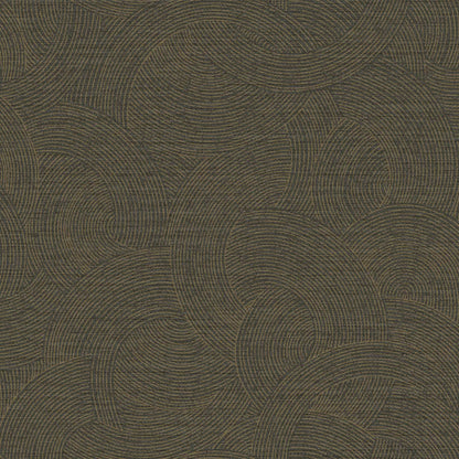 A close-up of a textured fabric or wallpaper pattern featuring interlocking organic wave-like circular motifs in dark olive green and brown tones.