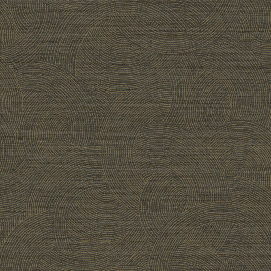 A close-up of a textured fabric or wallpaper pattern featuring interlocking organic wave-like circular motifs in dark olive green and brown tones.