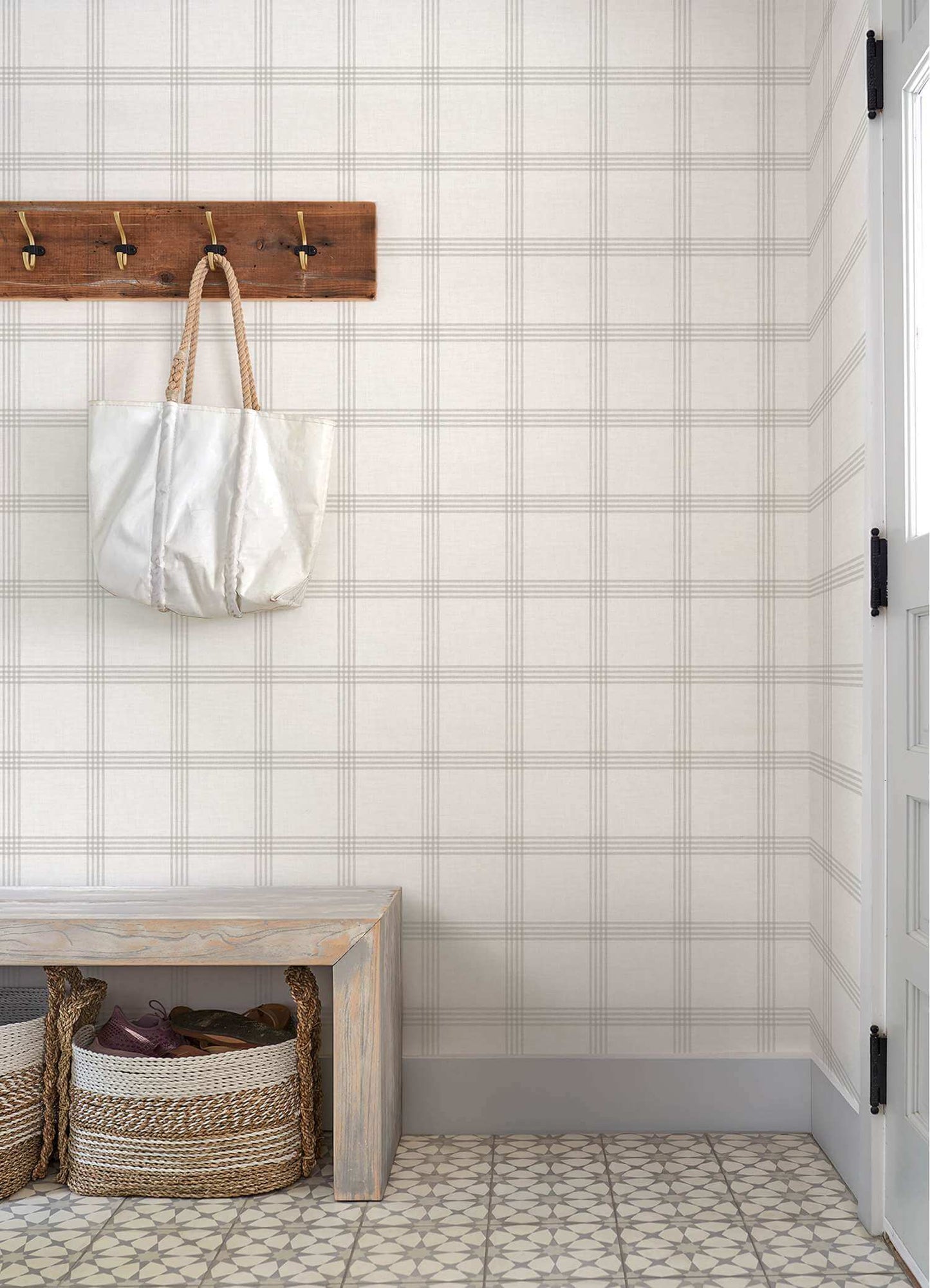 Chesapeake Plaid & Stripe Twain Wallpaper Sample - Dove