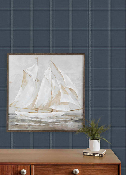 Chesapeake Plaid & Stripe Auberge Wallpaper Sample - Dark Blue