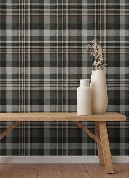 Chesapeake Plaid & Stripe Dutton Flannel Wallpaper - Charcoal