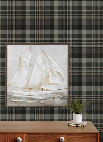 Chesapeake Plaid & Stripe Dutton Flannel Wallpaper - Charcoal
