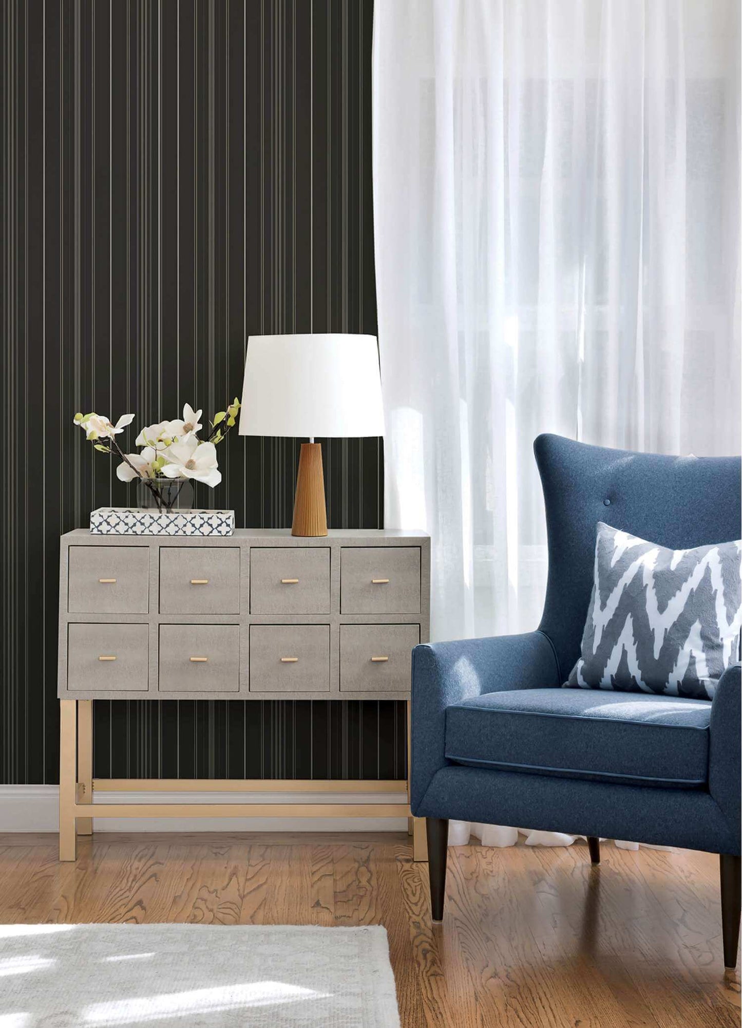 Chesapeake Plaid & Stripe Lascelle Pinstripe Wallpaper Sample - Black