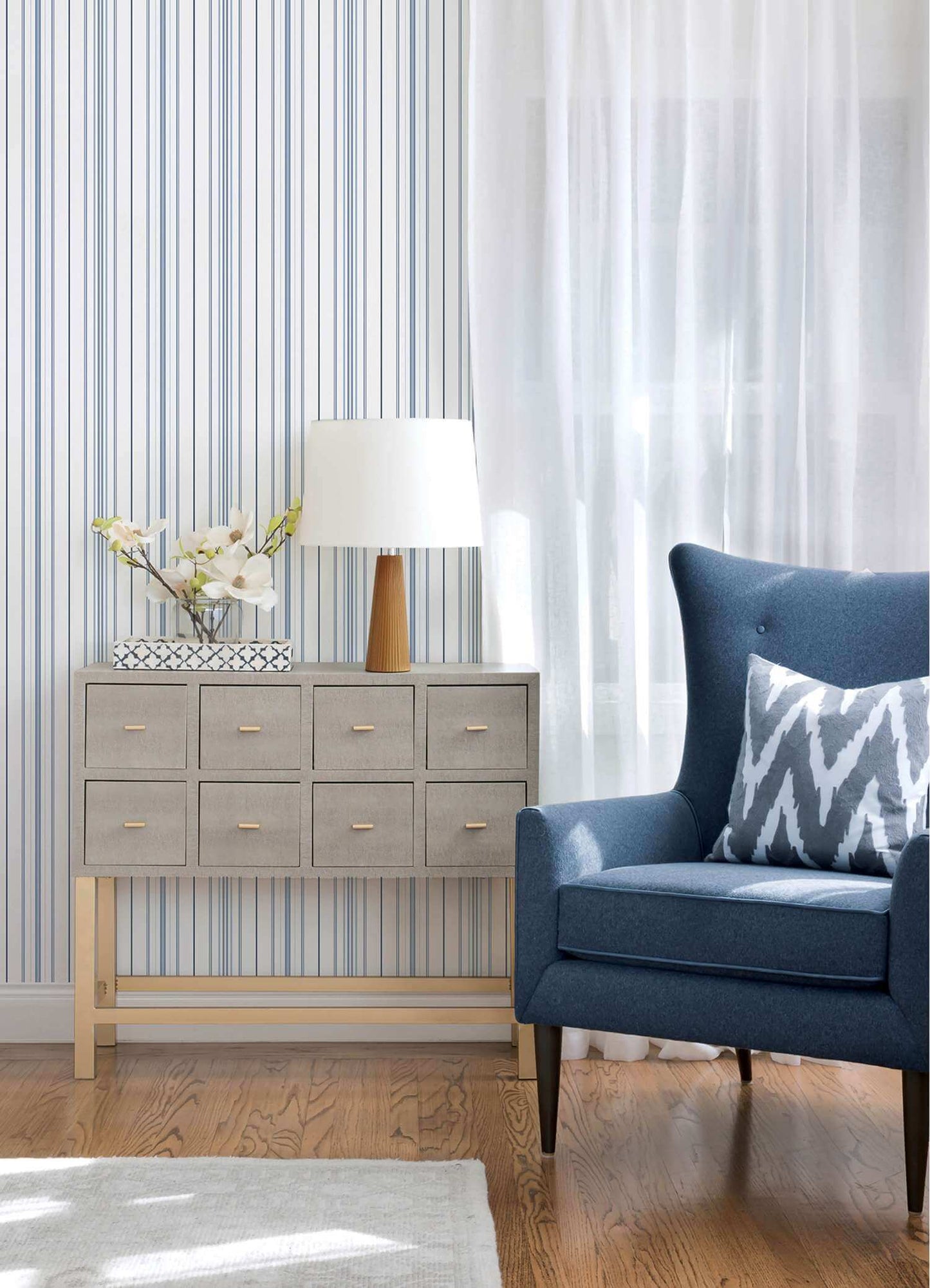 Chesapeake Plaid & Stripe Lascelle Pinstripe Wallpaper Sample - Blue