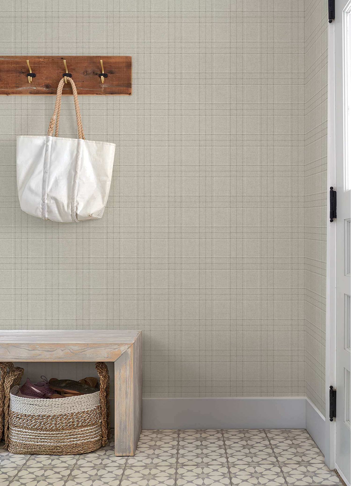 Chesapeake Plaid & Stripe Fox Hollow Wallpaper - Light Gray