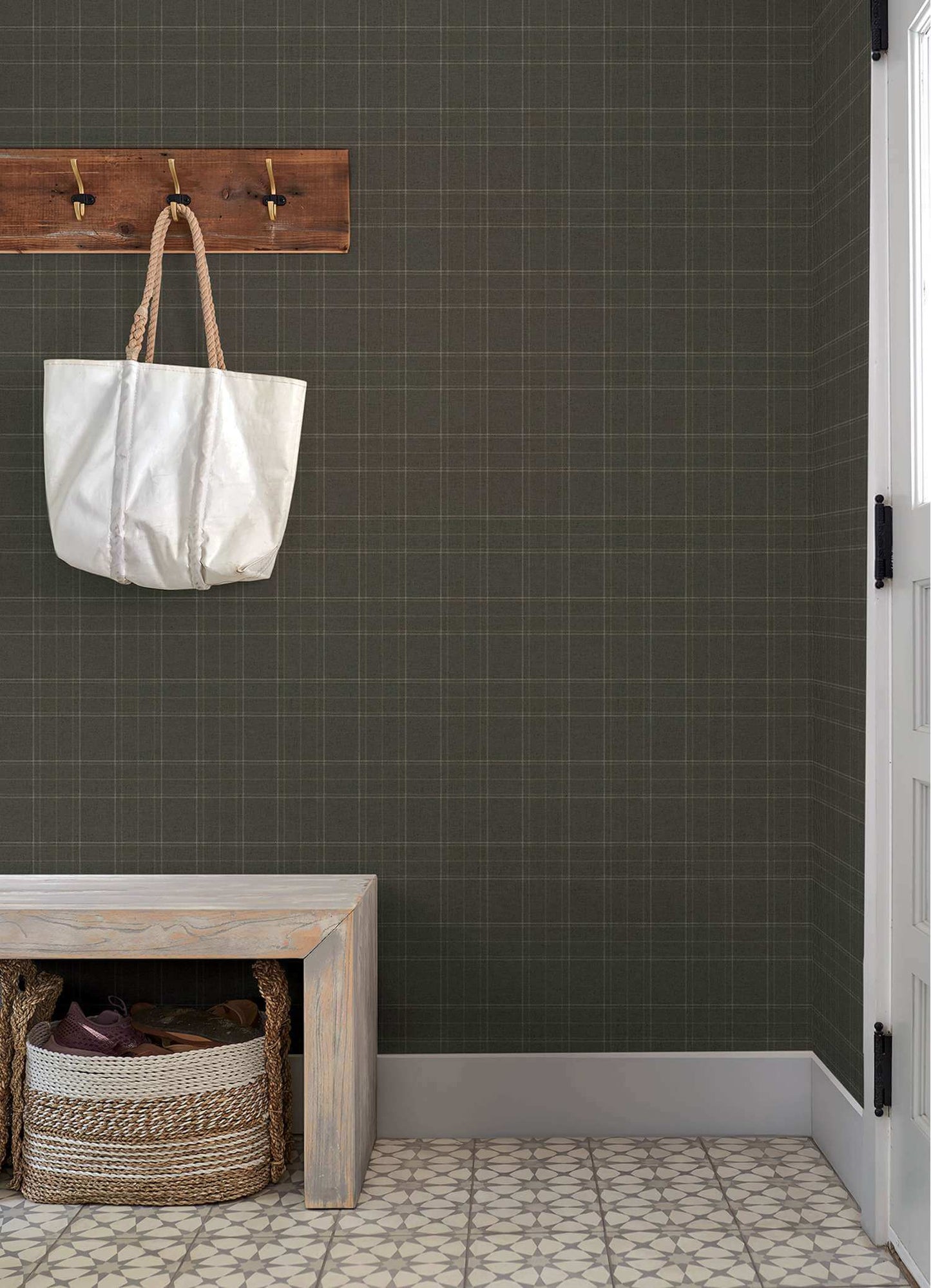 Chesapeake Plaid & Stripe Fox Hollow Wallpaper Sample - Charcoal