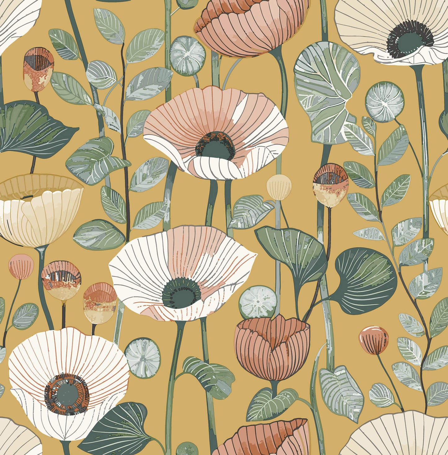 A-Street Prints Kaleidoscope Mindra Floral Wallpaper Sample - Mustard