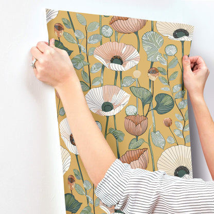 A-Street Prints Kaleidoscope Mindra Floral Wallpaper Sample - Mustard