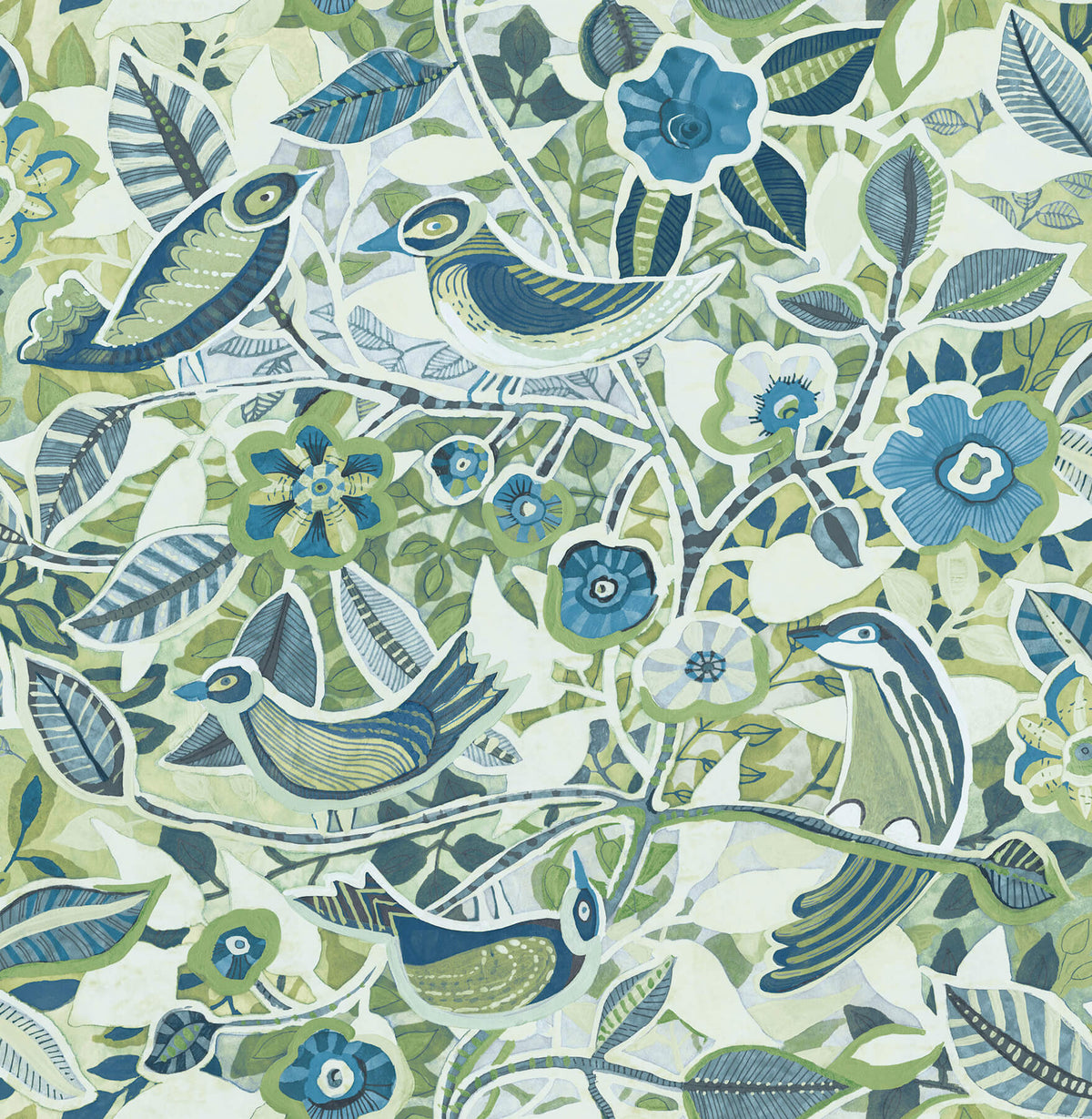A-Street Prints Kaleidoscope Manette Birds Wallpaper Sample - Green