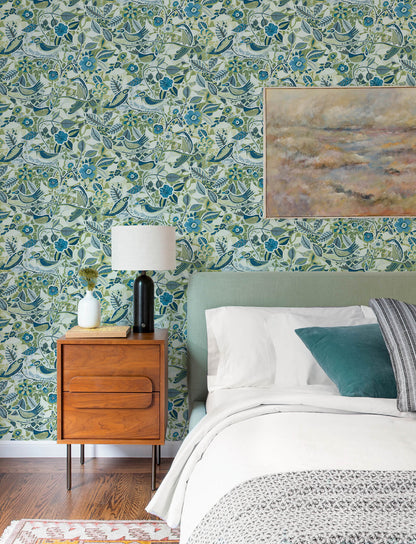 A-Street Prints Kaleidoscope Manette Birds Wallpaper Sample - Green