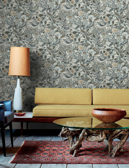 A-Street Prints Kaleidoscope Manette Birds Wallpaper Sample - Slate