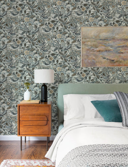 A-Street Prints Kaleidoscope Manette Birds Wallpaper Sample - Slate