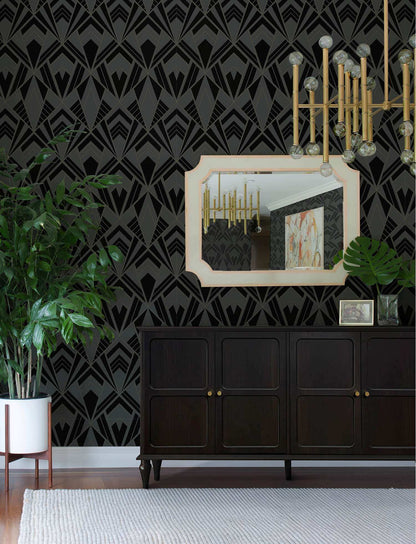 A-Street Prints Moderne Deco Allenby Flocked Wallpaper - Black