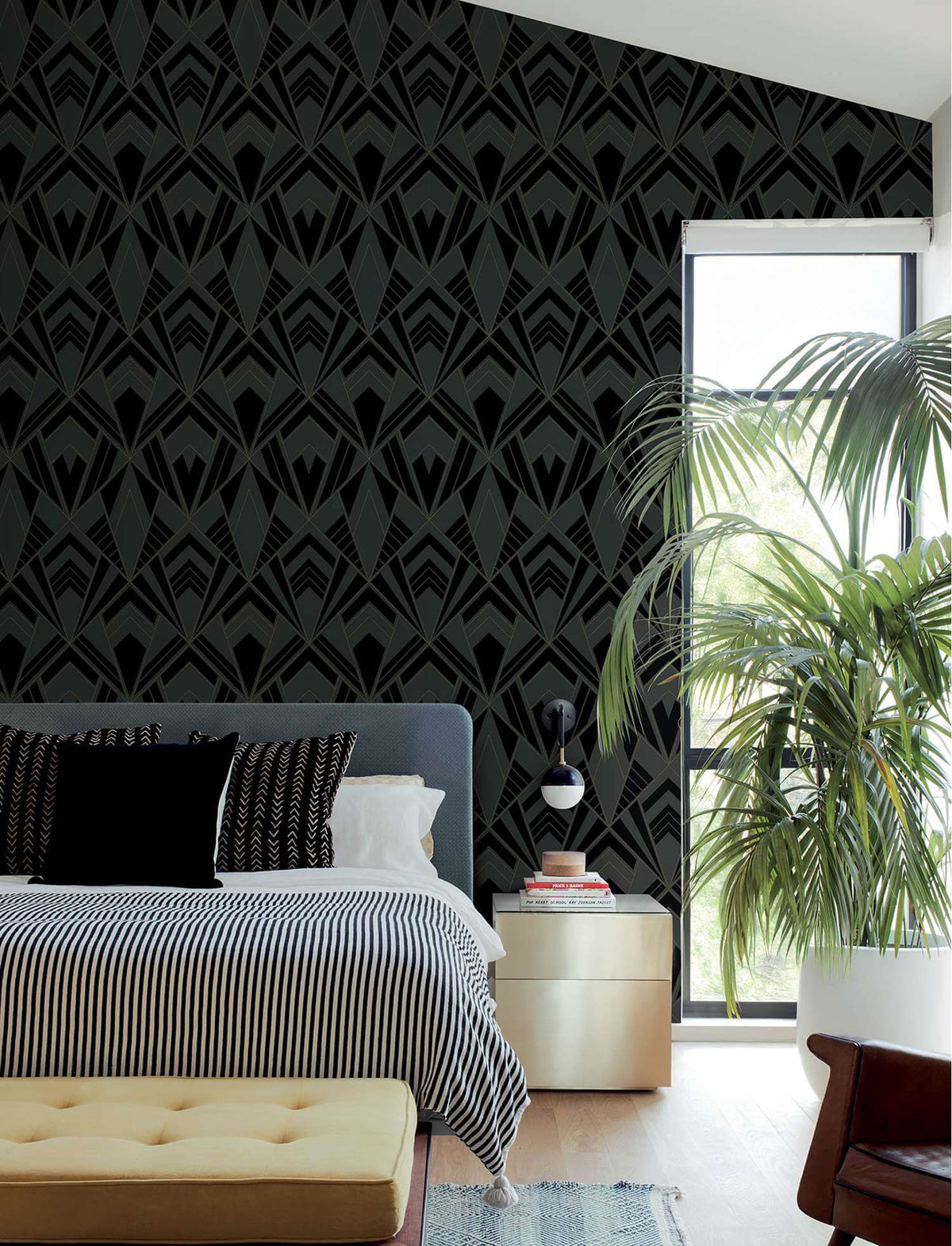 A-Street Prints Moderne Deco Allenby Flocked Wallpaper - Black