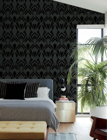 A-Street Prints Moderne Deco Allenby Flocked Wallpaper - Black