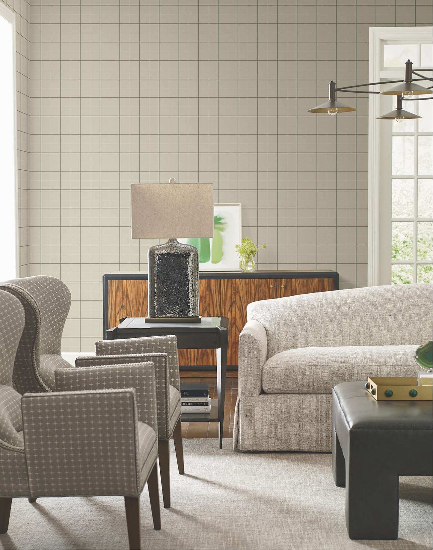 Ronald Redding Private Reserve Tattersall Plaid Wallpaper Sample - Light Brown