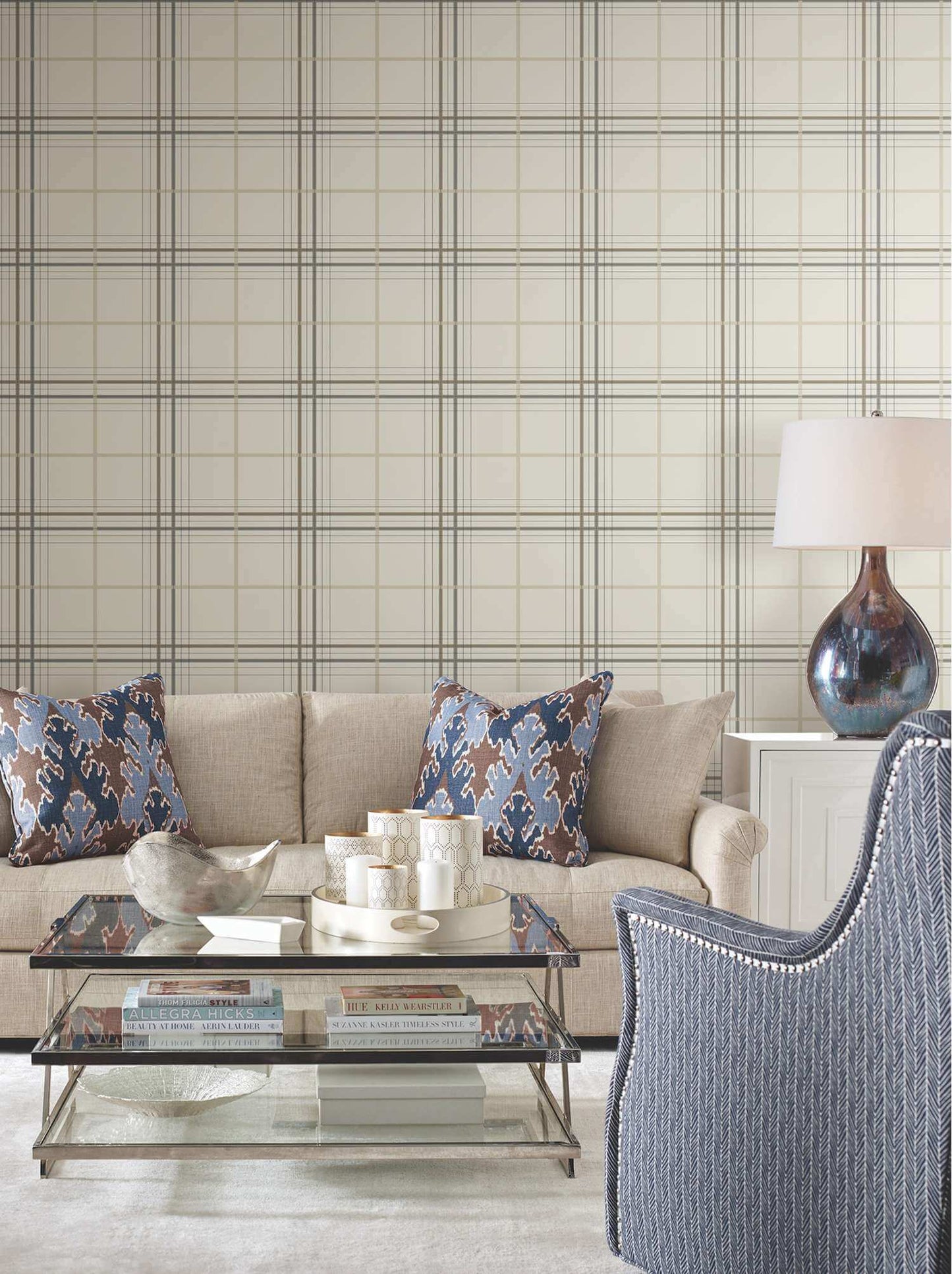 Ronald Redding Private Reserve Lakeside Plaid Wallpaper Sample - Beige