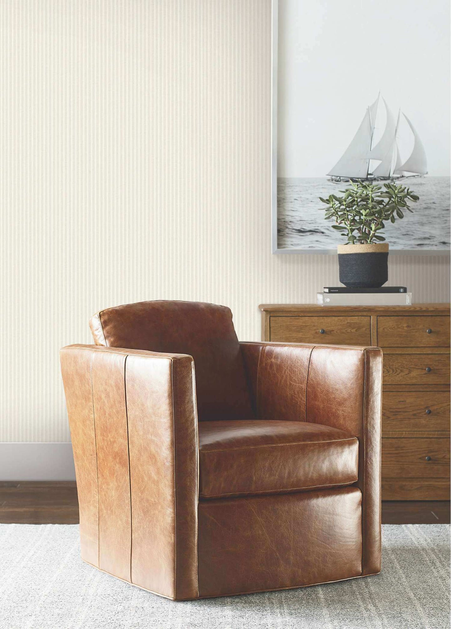 Ronald Redding Private Reserve Ticking Stripe Wallpaper Sample - Beige