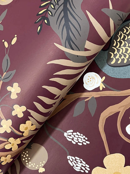 Rifle Paper Co. Peacock Wallpaper Sample - Burgundy