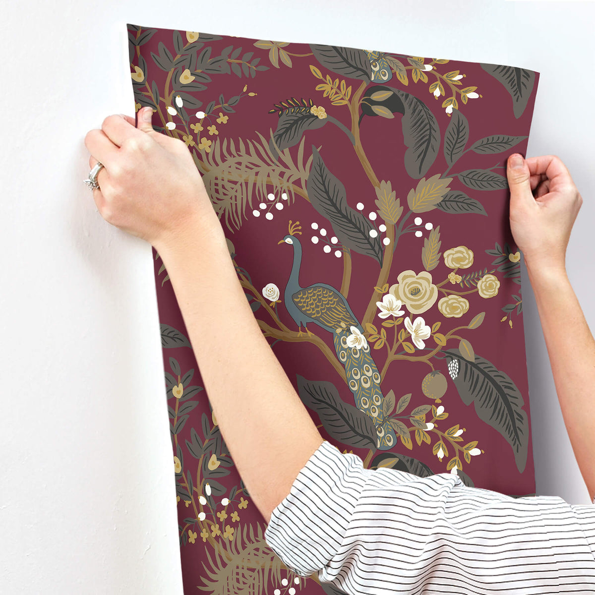 Rifle Paper Co. Peacock Wallpaper Sample - Burgundy