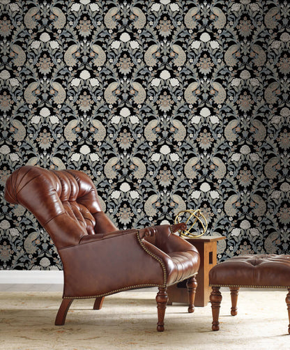 Ronald Redding Arts & Crafts Plume Dynasty Wallpaper - Black