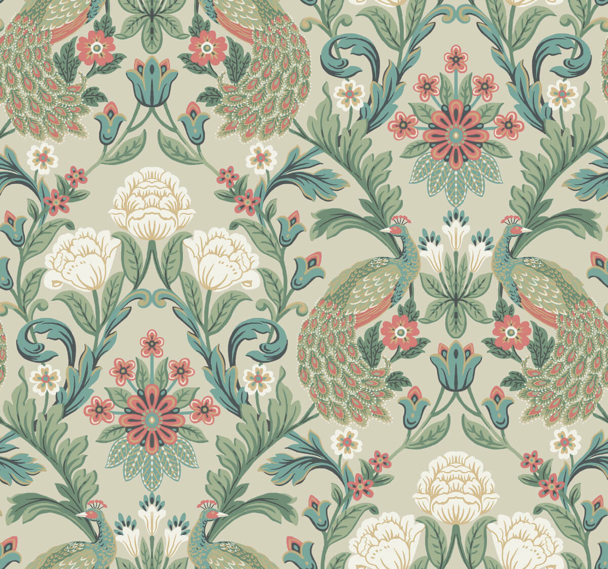 Ronald Redding Arts & Crafts Plume Dynasty Wallpaper - Taupe & Multi