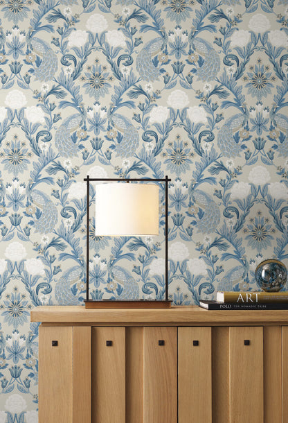 Ronald Redding Arts & Crafts Plume Dynasty Wallpaper - Neutral Blue