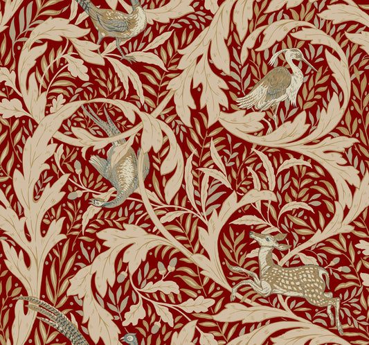 Ronald Redding Arts & Crafts Woodland Tapestry Wallpaper - Red