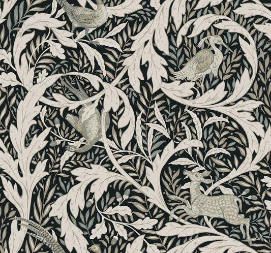 Ronald Redding Arts & Crafts Woodland Tapestry Wallpaper - Black