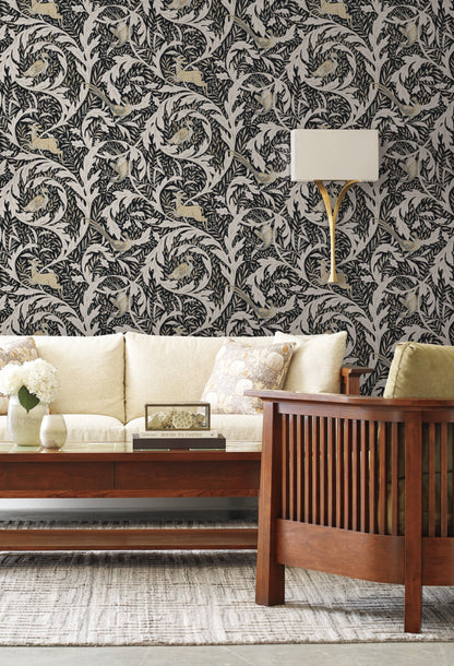 Ronald Redding Arts & Crafts Woodland Tapestry Wallpaper - Black