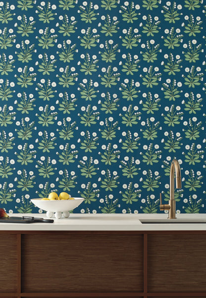 Ronald Redding Arts & Crafts Meadow Flowers Wallpaper - Navy