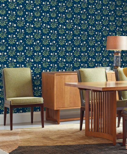 Ronald Redding Arts & Crafts Meadow Flowers Wallpaper - Navy