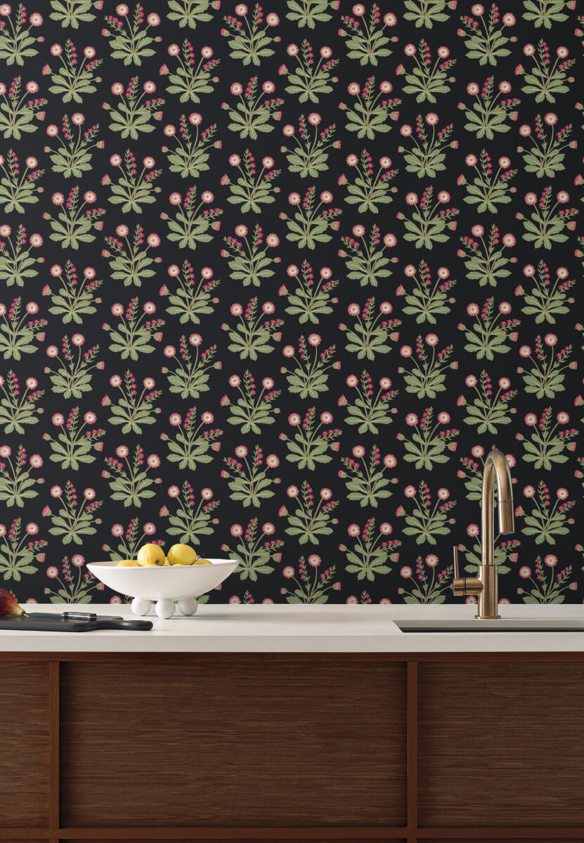 Ronald Redding Arts & Crafts Meadow Flowers Wallpaper - Black & Rose